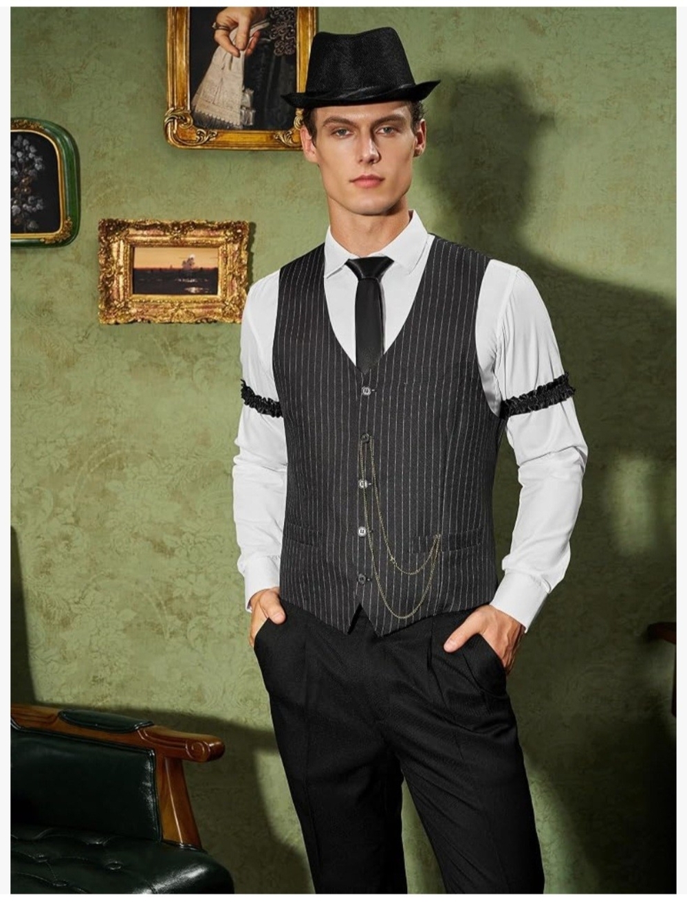 Men's Black Pinstripe Vest with Pocket Watch Chain